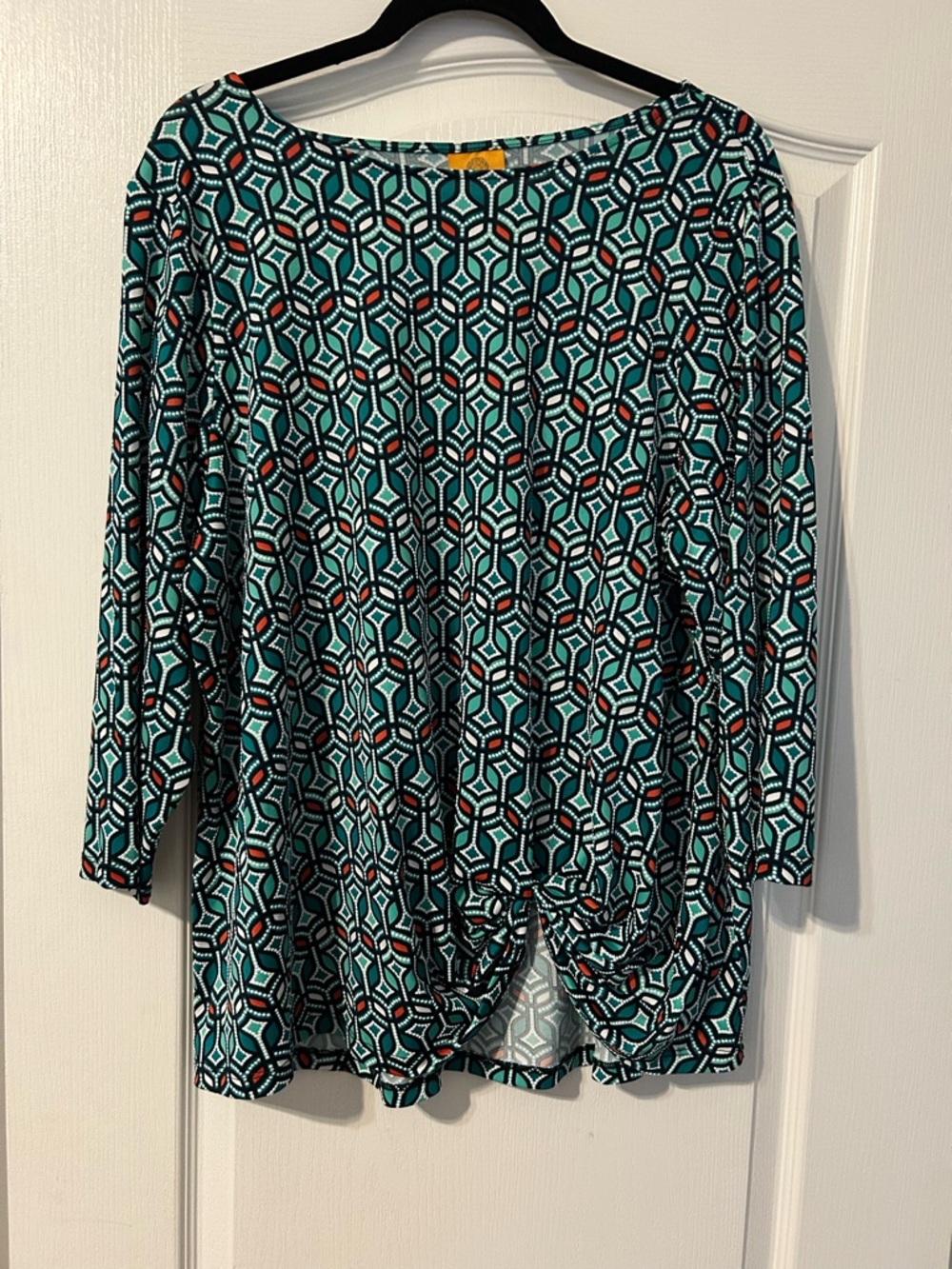 Ruby Rd. Teal Geometric Long Sleeve Top with Twist Hem